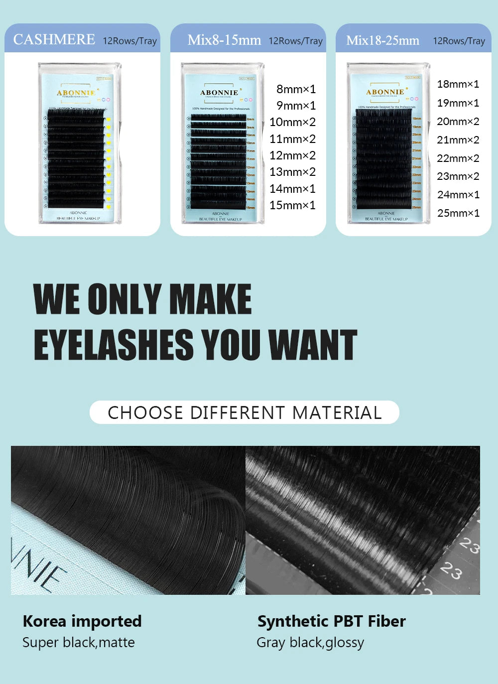 Abonnie Cils en cachemire Extensions de cils individuels classiques Volume moelleux Cils noirs mats